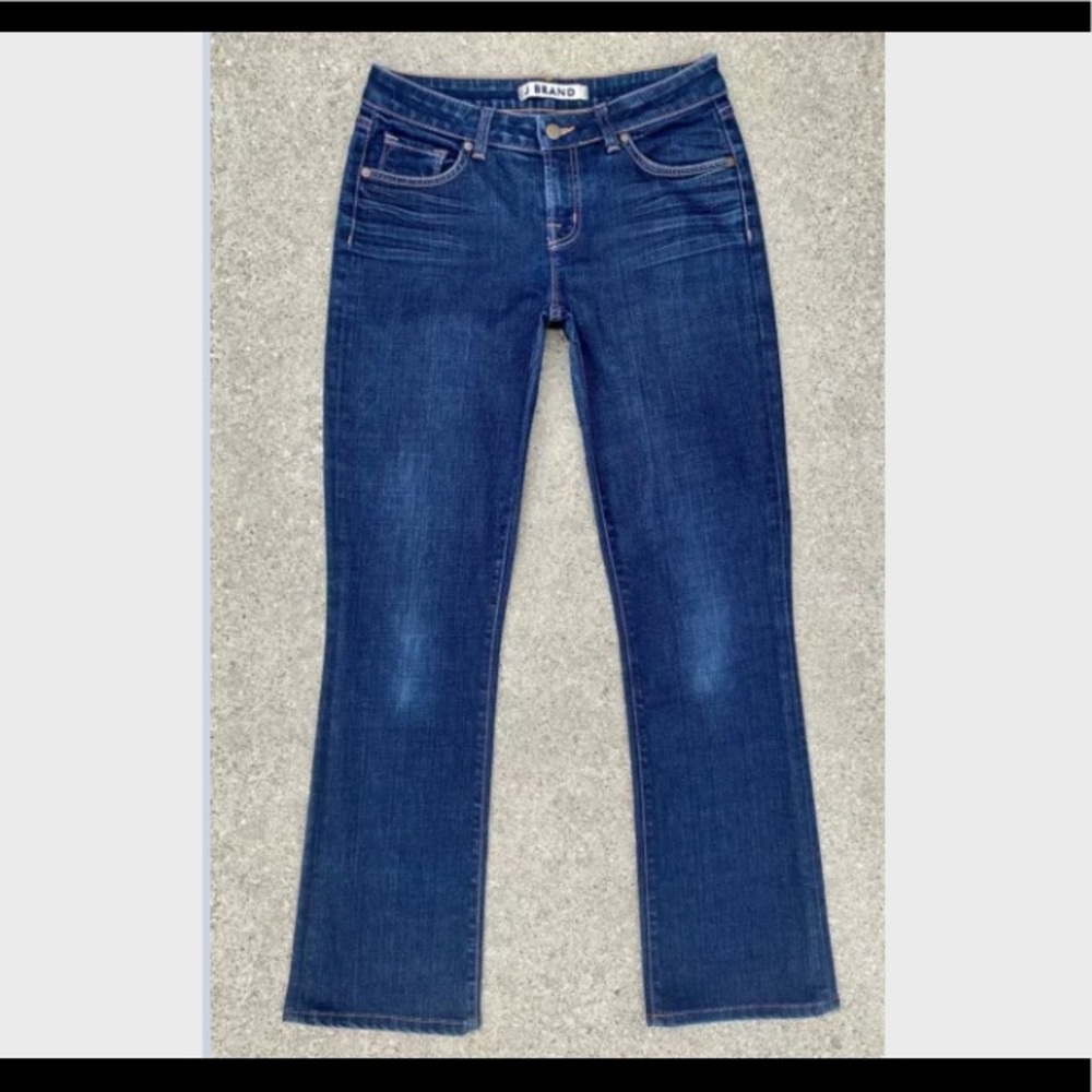 J BRAND Scarlett Dark Antiqued Blue Factory Distressed Bootcut Jeans
